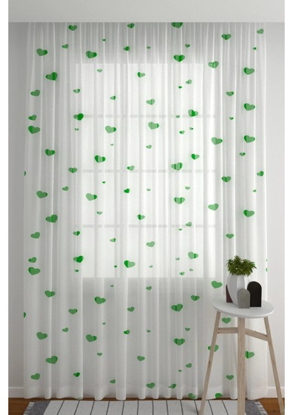 Tül Perde Seyrek Pile (1x2) Çocuk Odası Oturma Odası Hobi Odası Beyaz Perde Yeşil Kalp Desenli Perde fiyatları