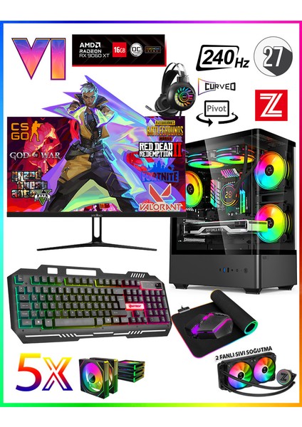GTA-VI RX7XT ✔ Ryzen 5 8400F Ddr5 32GB 5600MHZ Ram 1TB M.2 Nvme SSD 16GB GDDR6 RX9060XT 27" 240Hz Sıvı Soğutmalı Premium Oyuncu Bilgisayarı