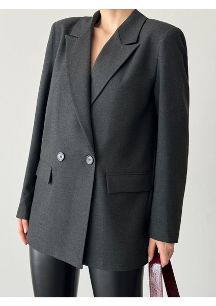 Çift Düğme Polyviskon Oversize Ceket Antrasit
