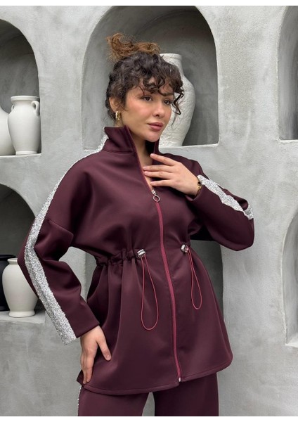 Simli Şerit Detaylı Premium Scuba Kumaş Tesettür Uyumlu Pantolonlu Ikili Takım