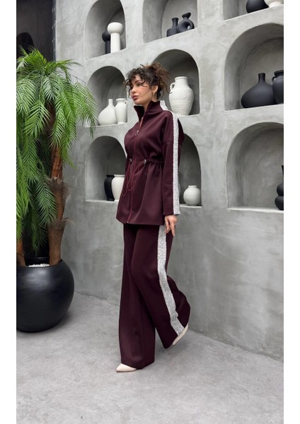 Simli Şerit Detaylı Premium Scuba Kumaş Tesettür Uyumlu Pantolonlu Ikili Takım modelleri