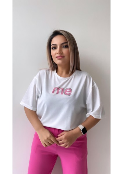 Taşlı Me Yazılı Tişört Ekru Pembe