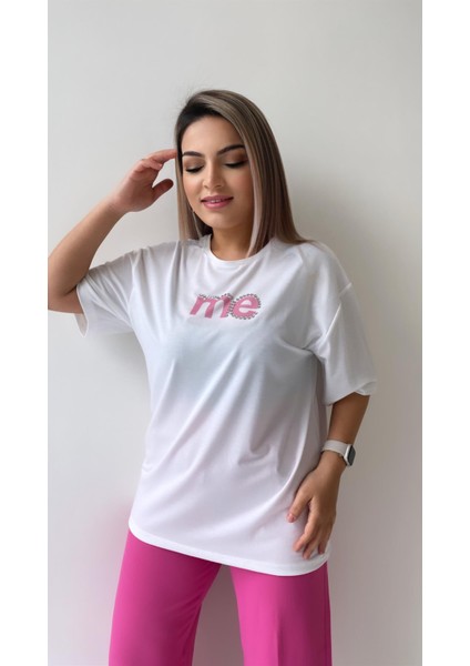 Taşlı Me Yazılı Tişört Ekru Pembe fiyatları