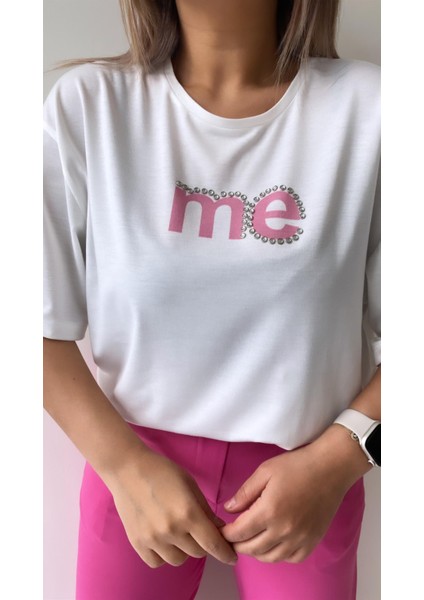 Taşlı Me Yazılı Tişört Ekru Pembe modelleri