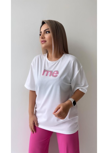Taşlı Me Yazılı Tişört Ekru Pembe
