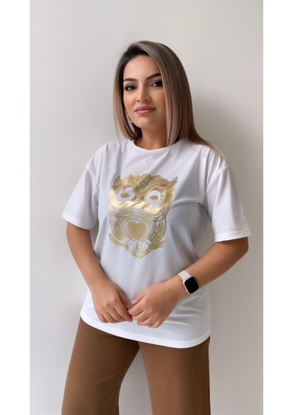 Baykuş Varak Baskılı Tişört Ekru