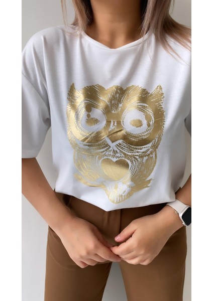 Baykuş Varak Baskılı Tişört Ekru fiyatları