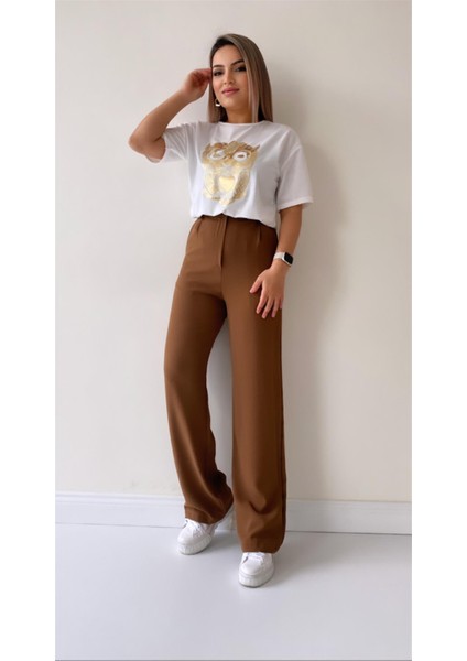 Baykuş Varak Baskılı Tişört Ekru modelleri