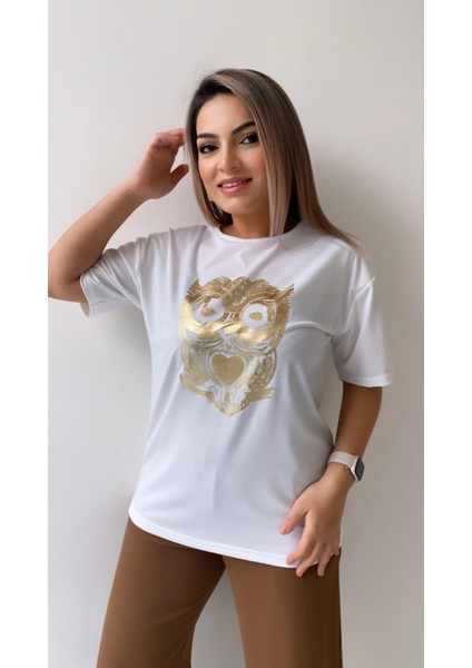 Baykuş Varak Baskılı Tişört Ekru indirimleri