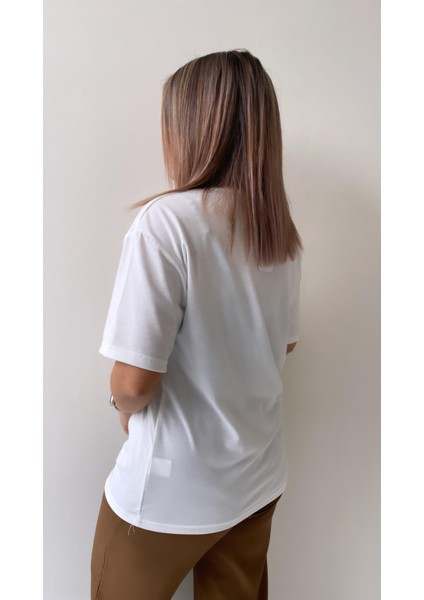 Baykuş Varak Baskılı Tişört Ekru