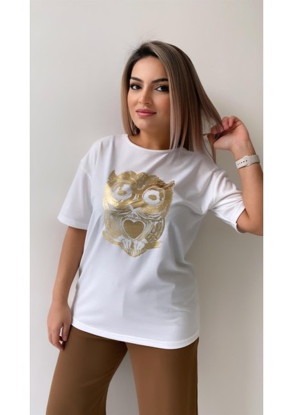 Baykuş Varak Baskılı Tişört Ekru