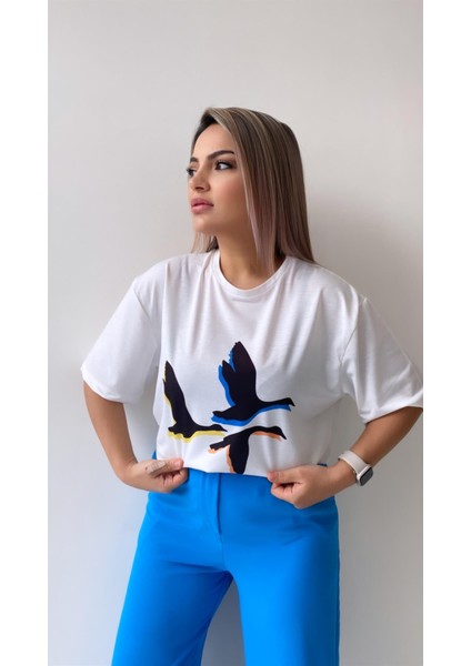 Üç Kuş Baskılı Tişört Ekru indirimleri