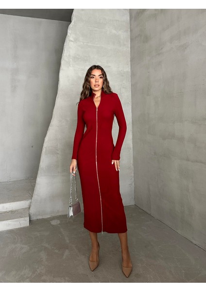 Fermuar Detaylı Çelik Triko Elbise Bordo fiyatları