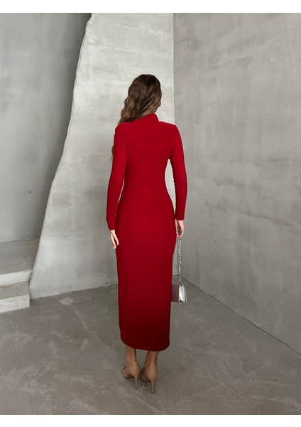 Fermuar Detaylı Çelik Triko Elbise Bordo indirimleri