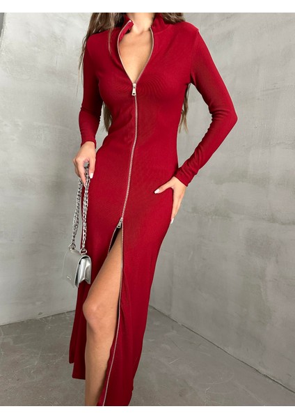 Fermuar Detaylı Çelik Triko Elbise Bordo