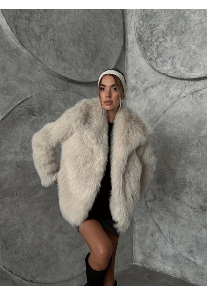 Geniş Yaka Premium Kürk Kaban Taş