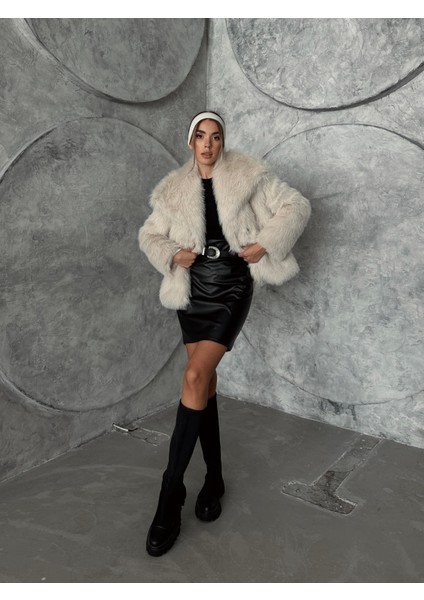 Geniş Yaka Premium Kürk Kaban Taş