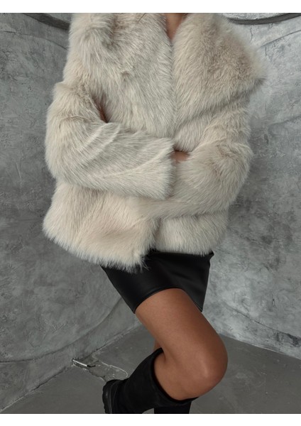 Geniş Yaka Premium Kürk Kaban Taş