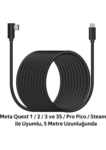 Link Cable Kablosu 5 Metre – Pcvr Uyumlu Type-C To Type-C Kablo | Meta Quest 3 / 3s / Quest 2 / Pro / Pico 4 / Steamvr Yüksek Hızlı Pc Veri Aktarım Kablosu