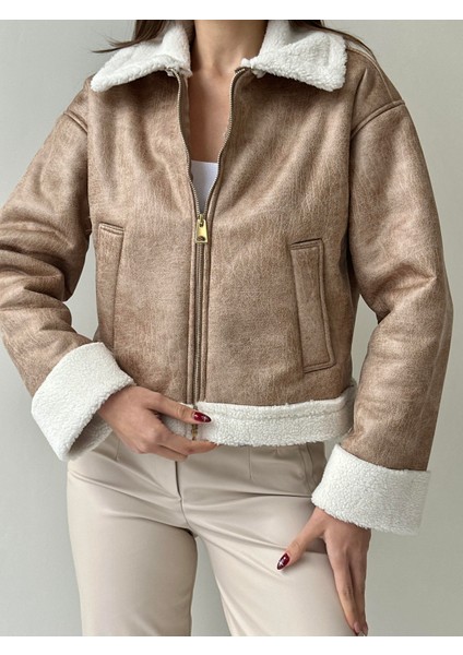 Kolu Katlama Süslü Içi Peluş Kısa Mont Bej fiyatları