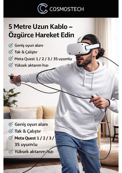 Link Cable Kablosu 5 Metre – Pcvr Uyumlu Type-C To Type-C Kablo | Meta Quest 3 / 3s / Quest 2 / Pro / Pico 4 / Steamvr Yüksek Hızlı Pc Veri Aktarım Kablosu