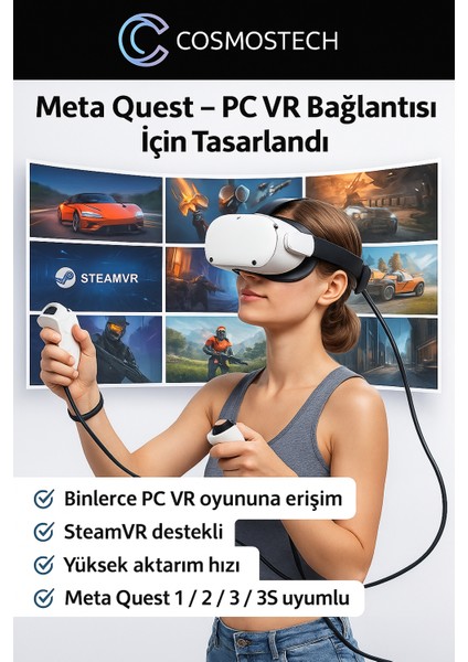 Link Cable Kablosu 5 Metre – Pcvr Uyumlu Type-C To Type-C Kablo | Meta Quest 3 / 3s / Quest 2 / Pro / Pico 4 / Steamvr Yüksek Hızlı Pc Veri Aktarım Kablosu