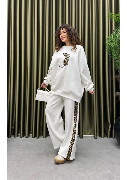 Leopar Nakışlı Şardonlu Ikili Pantolonlu Takım - Kadın Eşofman Takımı