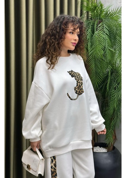 Leopar Nakışlı Şardonlu Ikili Pantolonlu Takım - Kadın Eşofman Takımı modelleri