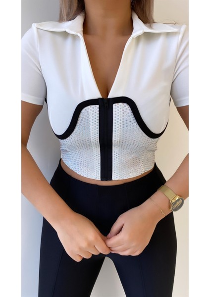 Korse Detaylı Taşlı Fermuarlı Bluz Ekru fiyatları