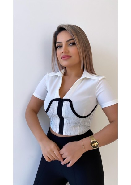 Korse Detaylı Taşlı Fermuarlı Bluz Ekru fırsatları