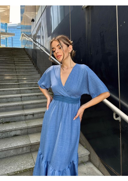 Yarasa Kol Beli Işlemeli Keten Elbise Mavi fiyatları