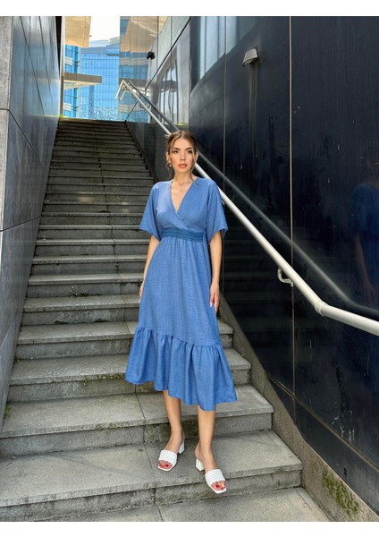 Yarasa Kol Beli Işlemeli Keten Elbise Mavi fırsatları