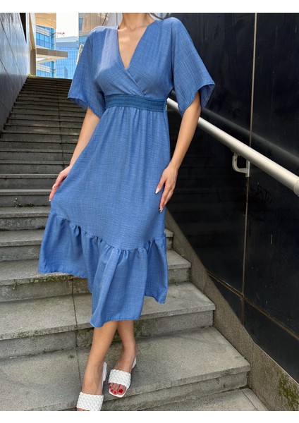 Yarasa Kol Beli Işlemeli Keten Elbise Mavi indirimleri