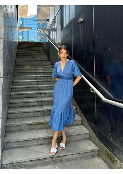 Yarasa Kol Beli Işlemeli Keten Elbise Mavi