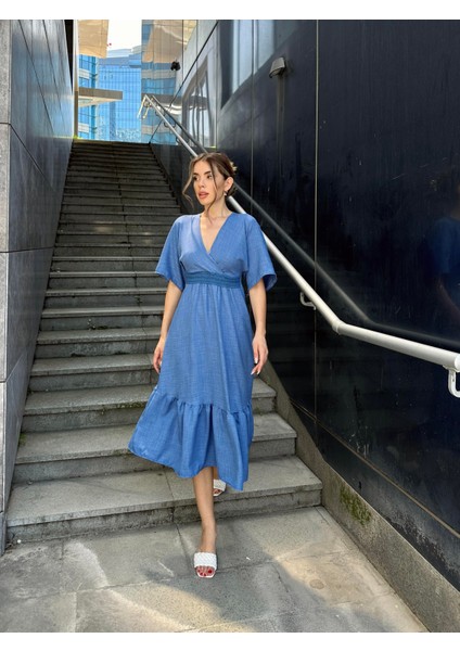 Yarasa Kol Beli Işlemeli Keten Elbise Mavi