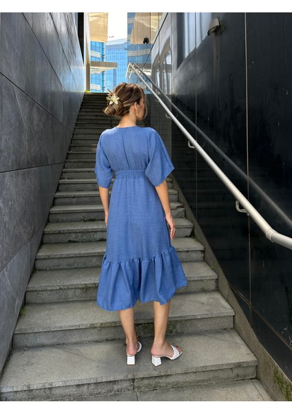 Yarasa Kol Beli Işlemeli Keten Elbise Mavi