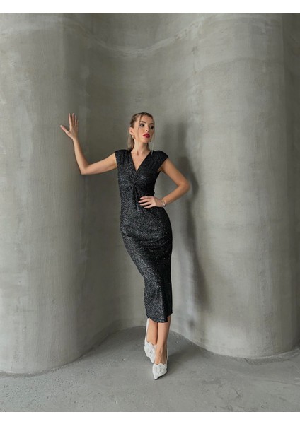 Simli Vatkalı Şık Kalem Elbise Antrasit