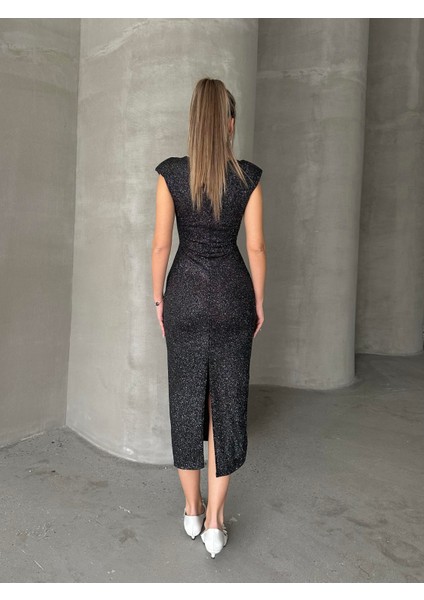 Simli Vatkalı Şık Kalem Elbise Antrasit
