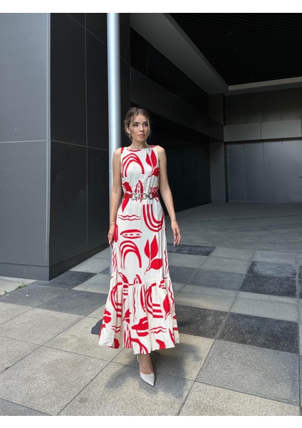 Kemerli Volanlı Desenli Viskon Elbise Kırmızı