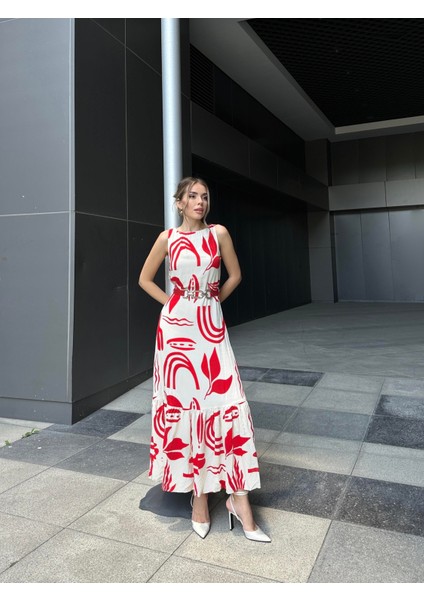 Kemerli Volanlı Desenli Viskon Elbise Kırmızı modelleri