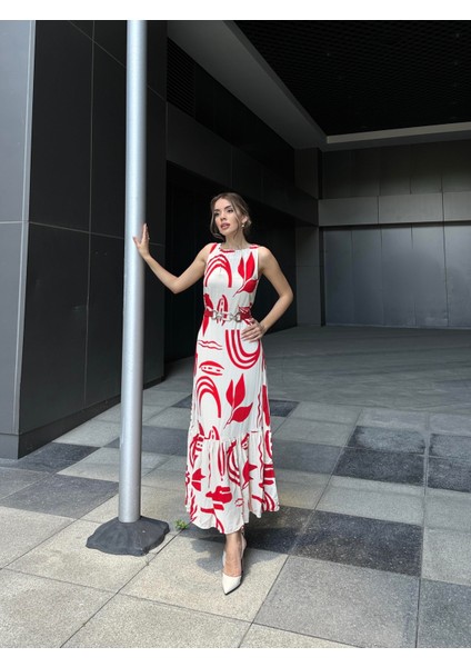 Kemerli Volanlı Desenli Viskon Elbise Kırmızı indirimleri