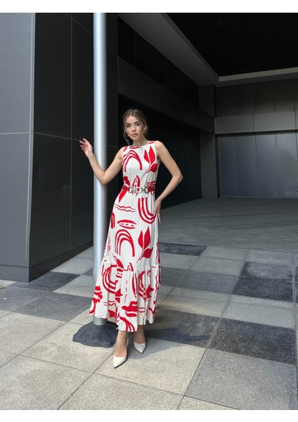 Kemerli Volanlı Desenli Viskon Elbise Kırmızı