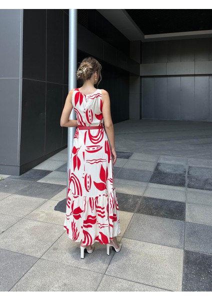 Kemerli Volanlı Desenli Viskon Elbise Kırmızı