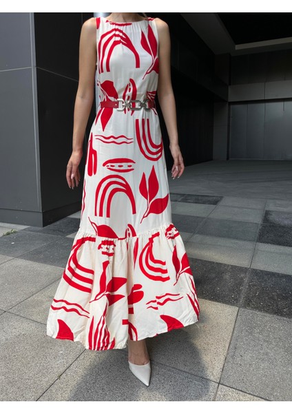 Kemerli Volanlı Desenli Viskon Elbise Kırmızı