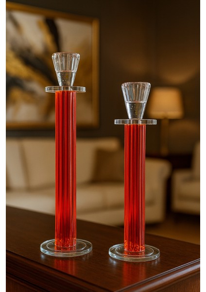 Dekoratif 2'li Kristal Papatya Cam Şamdan - Turuncu