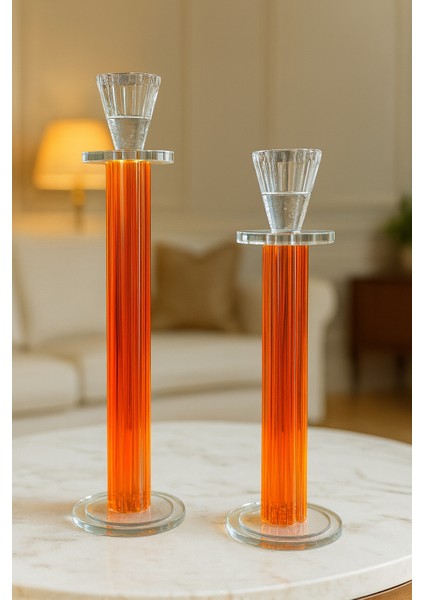 Dekoratif 2'li Kristal Papatya Cam Şamdan - Turuncu fiyatları