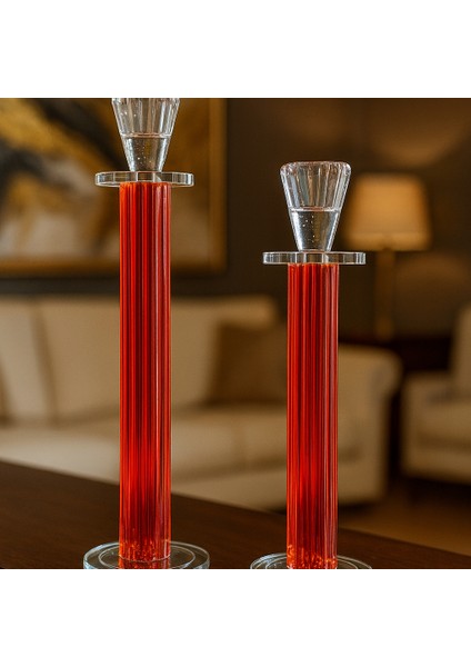 Dekoratif 2'li Kristal Papatya Cam Şamdan - Turuncu modelleri