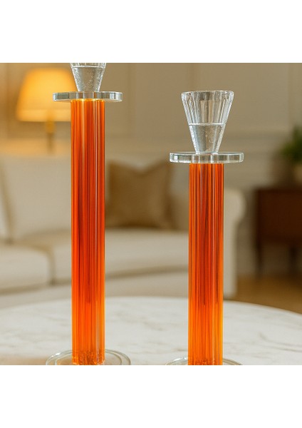 Dekoratif 2'li Kristal Papatya Cam Şamdan - Turuncu fırsatları