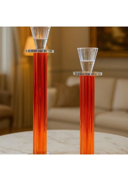 Dekoratif 2'li Kristal Papatya Cam Şamdan - Turuncu indirimleri