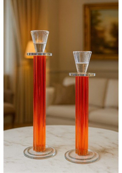 Dekoratif 2'li Kristal Papatya Cam Şamdan - Turuncu